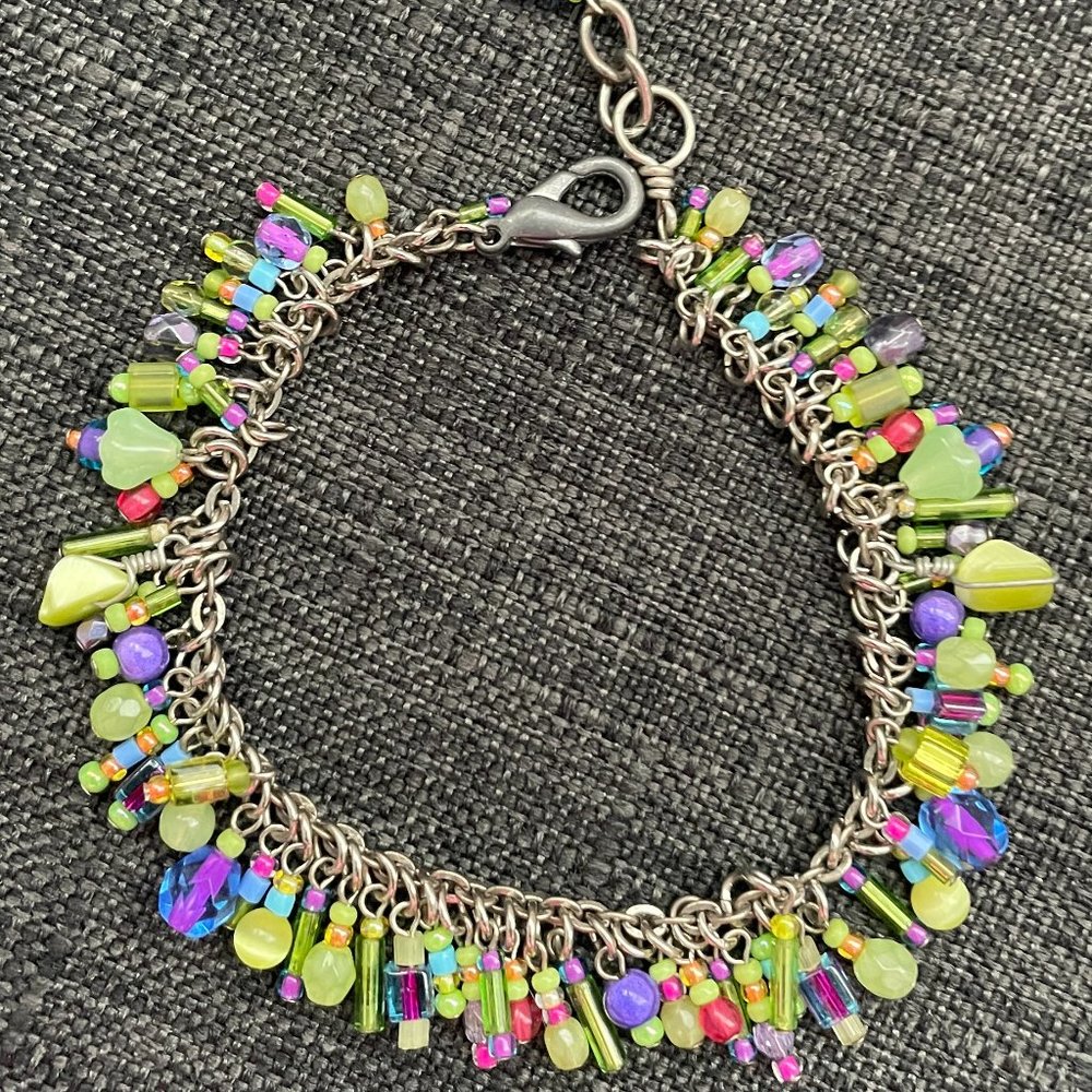 Confetti-style Beaded Bracelet - Silver, Purple & Green